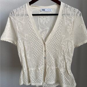 Zara Ivory Floral Knit Blouse